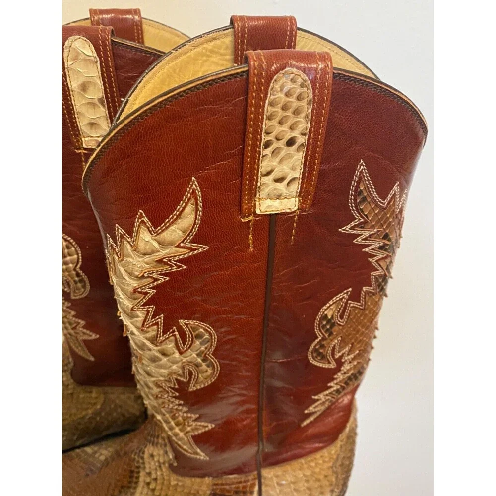 CORDONES Men's Cowboy Boots Size 9.5 Genuine SNAKE SKIN Red Brown Leather SPAIN